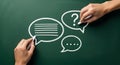 Communication Speech Bubbles Hand Drawing Questions on Green Chalkboard with Copy Space Royalty Free Stock Photo