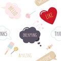 Speech bubbles seamless pattern background. Hello, like, thanks, amazing words and sweets. Glitter, pastel and bright