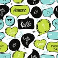 Speech bubbles seamless pattern. Vector background of black green blue bubbles with word: hello , amazing, love you