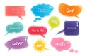 Speech bubbles set in cartoon design. Bundle of different shapes of dialog windows with inscriptions like Hi, Think, Good, Awesome