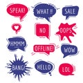 Speech bubbles text. Thinking words and phrase sound humor sticker communication tags speaking expression comic vector