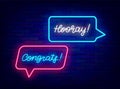 Speech bubbless with congrats and hooray neon lettering. Shiny calligraphy. Achievement celebration. Vector illustration