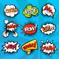 Speech and explosion bubbles on blue background with rays, comics background