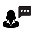 Speech icon vector female person profile avatar with chat bubble symbol for discussion and information in flat color glyph Royalty Free Stock Photo