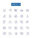 Speech line icons signs set. Design collection of Speech, Oral, Address, Oratory, Talk, Lecture, Monologue, Discourse