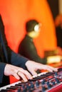 Speech by musicians on stage. Hands and musical instrument closeup.