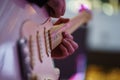 Speech by musicians on stage. Hands and musical instrument closeup.