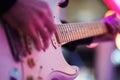 Speech by musicians on stage. Hands and musical instrument closeup.