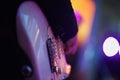 Speech by musicians on stage. Hands and musical instrument closeup.