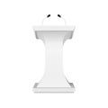 Speech podium mockup. White tribune with microphones. Rostrum stand vector illustration.