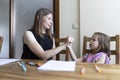 Speech therapist practicing exercises with a little girl during a session at home Royalty Free Stock Photo