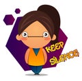 Speechless girl with brown ponytail and purple background, illustration, vector