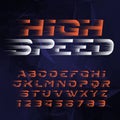 Speed alphabet font. Fast speed effect futuristic type letters and numbers.