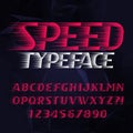 Speed alphabet font. Fast wind effect modern type letters and numbers on a polygonal background.