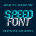 Speed alphabet font. Fast wind effect oblique type letters and numbers.