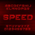Speed alphabet font. Oblique dynamic red letters and numbers.