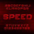 Speed alphabet font. Oblique dynamic red letters and numbers.