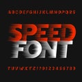 Speed alphabet font. Wind effect type letters and numbers on a dark background.