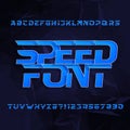 Speed alphabet vector font. Oblique type letters and numbers. Blue color on a dark polygonal background. Royalty Free Stock Photo