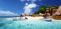 Speed boat on beach of Coco Island, Seychelles Royalty Free Stock Photo