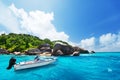 Speed boat on the beach of La Digue, Seychelles Royalty Free Stock Photo