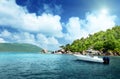 Speed boat on the beach of La Digue, Seychelles Royalty Free Stock Photo