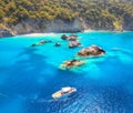 Speed boat in blue sea at sunrise in summer. Aerial view Royalty Free Stock Photo