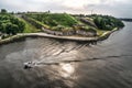 Speed boat floats the island line with walls, Sweden