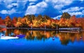 Speed boat racing across autumn skies landscape. Royalty Free Stock Photo