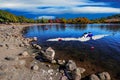 Speed boat racing across Lake Puddingstone California landscape Royalty Free Stock Photo