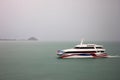 Speed boat sailing in fog, rain,Travel and transportation. Royalty Free Stock Photo