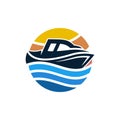 Speed Boat Sunset In Circle Creative Logo