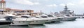 Speed boats at harbor. Power boats moored in marina. Sea coast pier Royalty Free Stock Photo