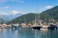 Speed boats at harbor. Power boats, sailboats moored in marina. Sea coast pier Royalty Free Stock Photo