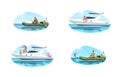 Speed boats for recreation semi flat vector illustration set