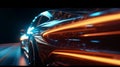 Speed car\'s taillight ignites a digital street with streaks of blue and gold