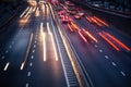 Light trails on motorway highway at night, long exposure abstract urban background Royalty Free Stock Photo