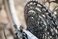 Speed cassette chain gear on a mountain bike rear wheel in use Royalty Free Stock Photo