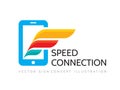 Speed connection - vector business logo template. Mobile phone and wing