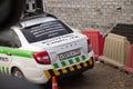 Speed control system. Passenger sedan Lada Granta with a camera for photo and video recording of violations on the roof. Russia, M