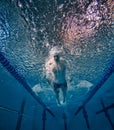 Speed and endurance. Young man, professional swimming athlete in motion, training, swimming in pool Royalty Free Stock Photo