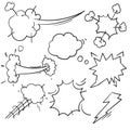 Speed hand drawn fast motion clouds, smoke blast or puff cloud motions. doodle air wind storm blow explosion with cartoon drawing