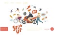 Speed Landing Page Template. Characters Riding Bicycle and Motorbike, Running Fast. Motocross, Rally or Race Competition