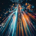 Speed Light Trails on City Streets, Street Night Lights, Road Glow, Fast Flash Motion, Car Traffic Lights Royalty Free Stock Photo