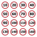 Speed limit icon isolated on white background. Symbol for speeding. Set of red road signs 10, 20, 30, 40, 50, 60, 70, 80, 90, 100 Royalty Free Stock Photo