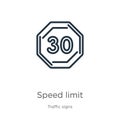 Speed limit icon. Thin linear speed limit outline icon isolated on white background from traffic signs collection. Line vector Royalty Free Stock Photo