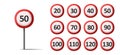 Speed limit road sign set, stick with round white plate with red circle and number Royalty Free Stock Photo