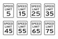 Speed limit road traffic icon signs set flat style design vector illustration isolated on white background. Royalty Free Stock Photo