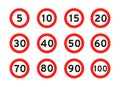 Speed limit 5, 10, 15, 20, 30, 40, 50, 60, 70, 80, 90, 100 round road traffic icon sign flat style design vector Royalty Free Stock Photo