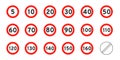 Speed limit 5-160 round road traffic icon sign flat style design vector illustration set isolated on white background. Royalty Free Stock Photo